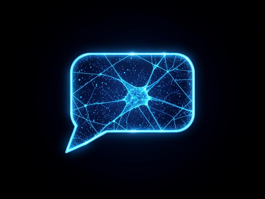 Glowing blue speech bubble filled with a neural network