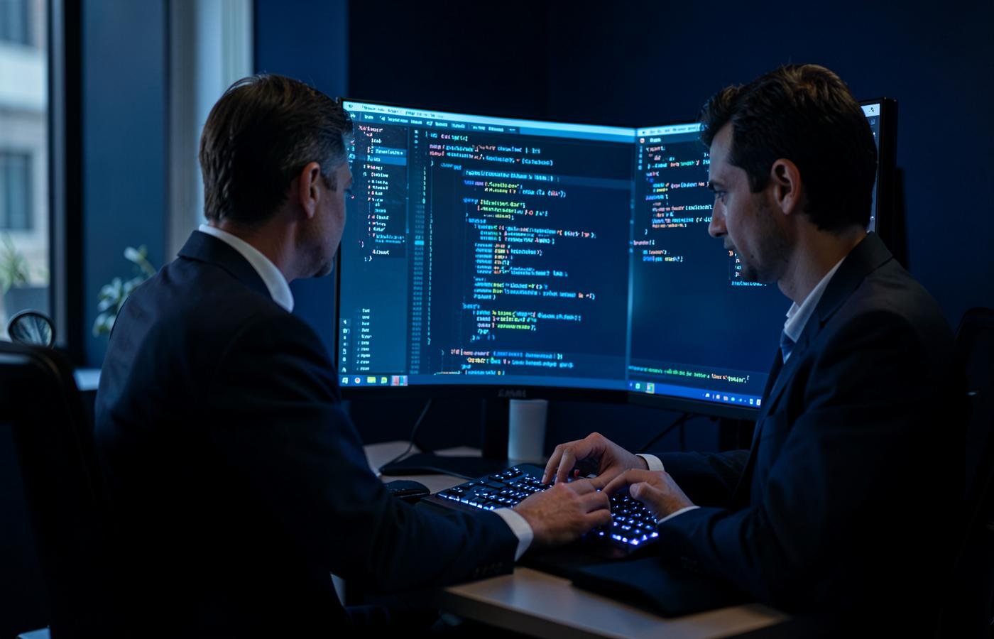 Engineers reviewing application code on large monitors