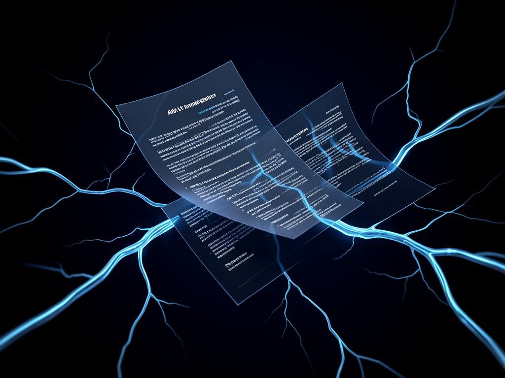 Translucent documents parsed by glowing blue neural lines