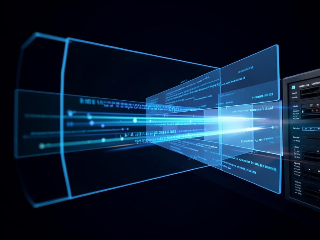 Layered translucent blue barriers filtering data streams