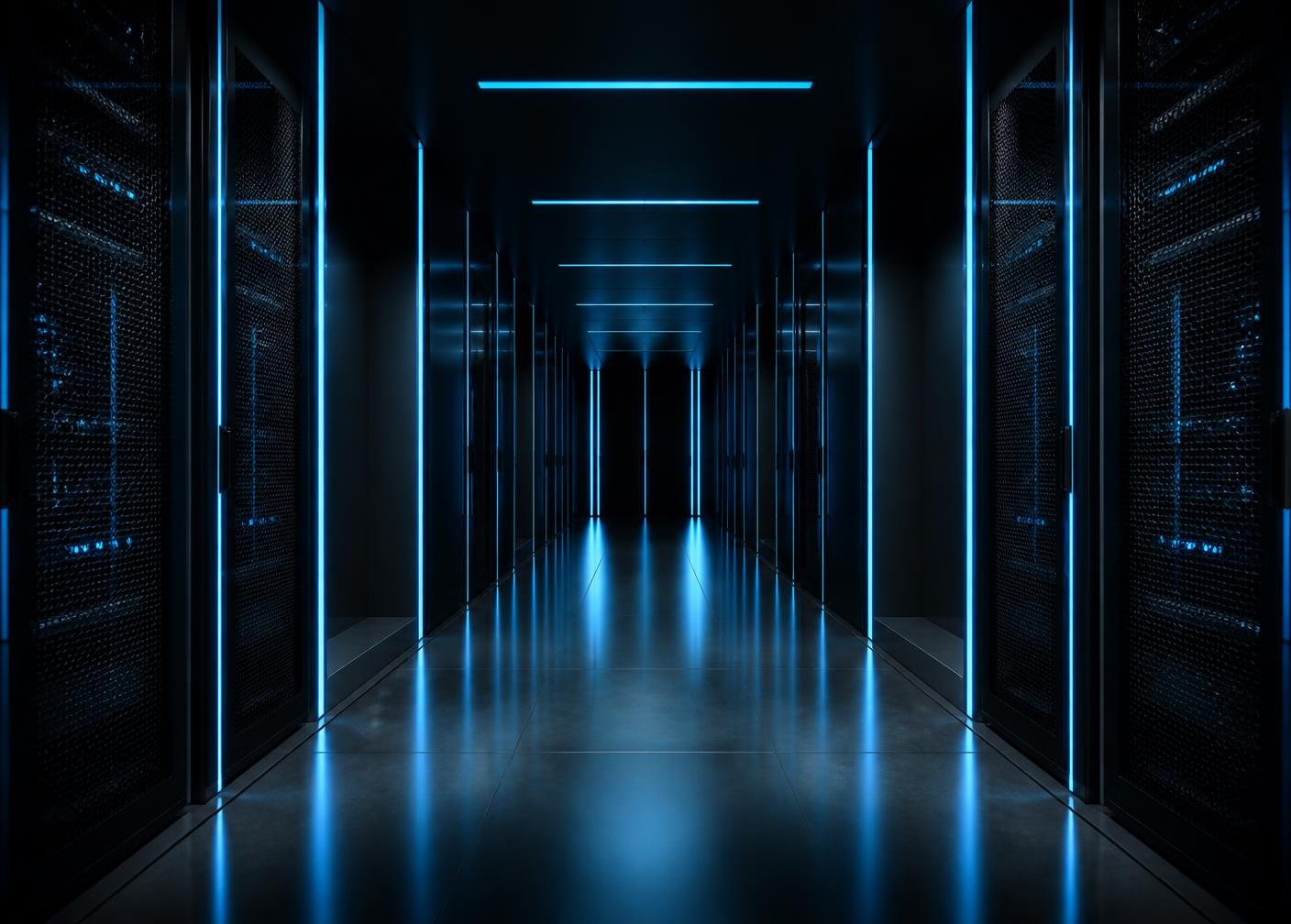 Modern data centre corridor lit with blue light strips