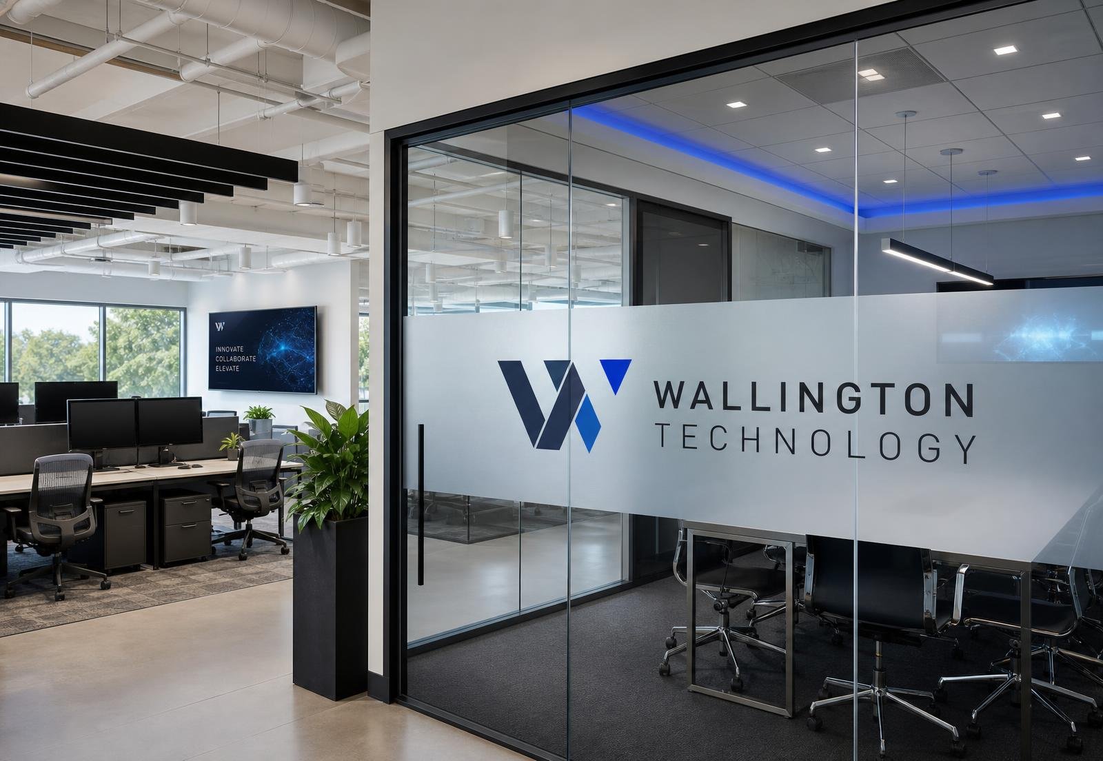 Wallington Technology workspace with branded glass meeting room signage