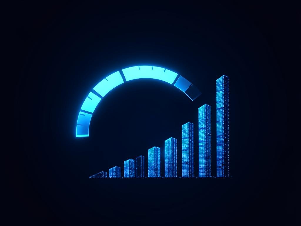 Glowing blue speedometer arc beside a rising bar graph