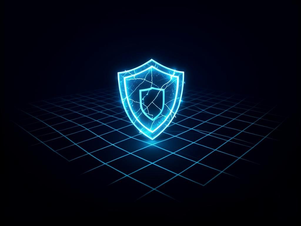 Glowing blue shield hologram over a scanning grid